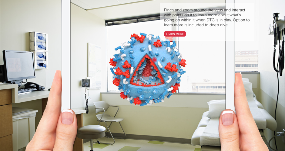 Augmented (AR) usage to show content in real space with deep dive options for HCP engagement