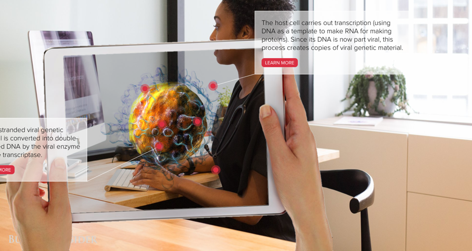 Augmented (AR) usage to show content in real space with deep dive options for HCP engagement