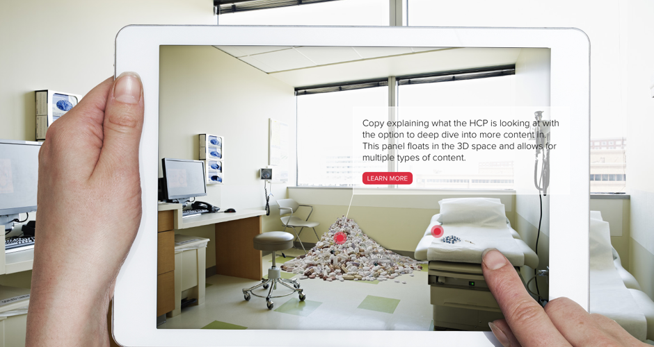 Augmented (AR) usage to show content in real space with deep dive options for HCP engagement