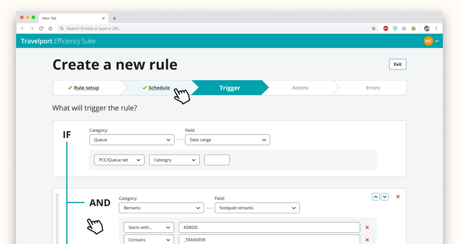 Rule creation process - setting up triggers using staged creation