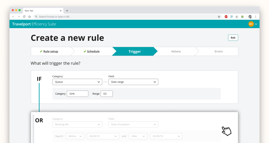 Rule creation process - setting up triggers using drag and drop