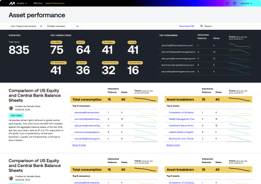 Amplify asset performance dashboard with total views, top themes, top consumers and per-asset engagement tables